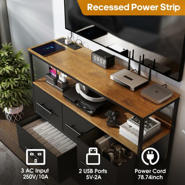 Black chest with 5 fabric drawers, charging station, storage shelf, and wheels