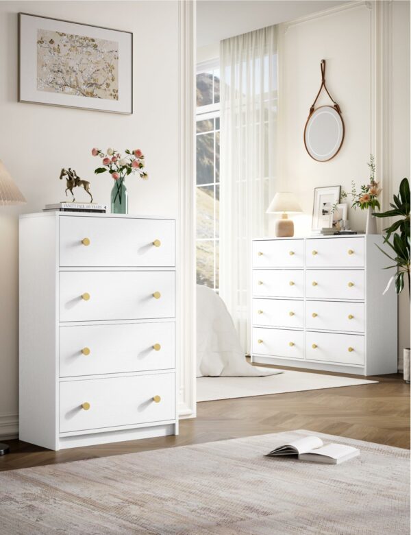 White chest of drawers with 8 fabric drawers and gold handles for elegant storage