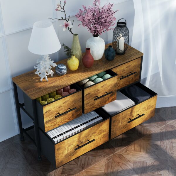 Retro 5-drawer fabric chest with wheels, ideal for bedroom and living room storage