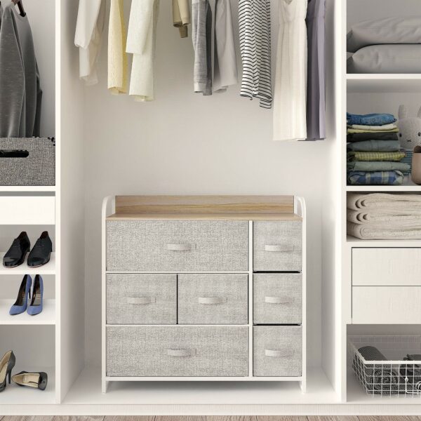 Fabric chest with 7 drawers, steel frame, and wooden top for easy, durable storage