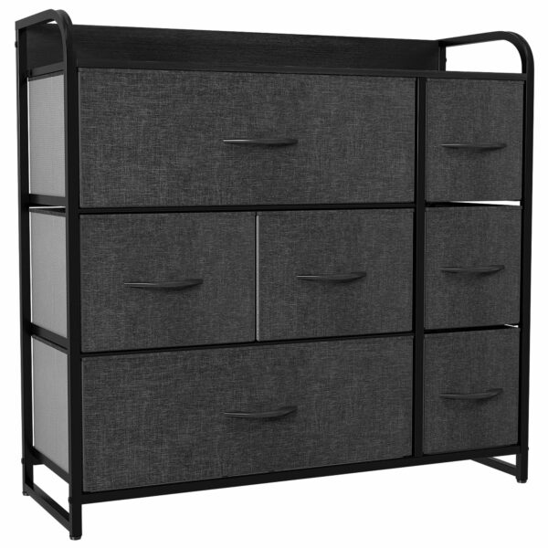Fabric chest with 7 drawers, steel frame, and wooden top for stylish storage
