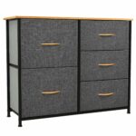 Fabric chest with 5 spacious drawers, steel frame, and wooden top – ideal for bedroom and living room storage