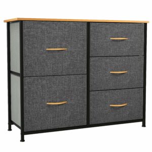 Fabric chest with 5 spacious drawers, steel frame, and wooden top – ideal for bedroom and living room storage