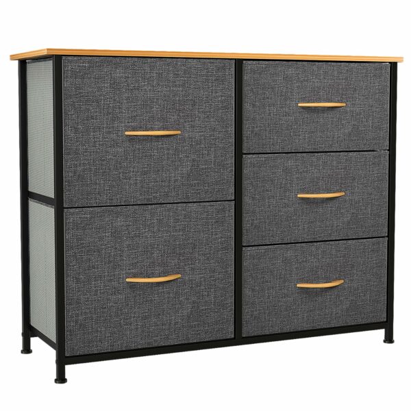 Fabric chest with 5 spacious drawers, steel frame, and wooden top – ideal for bedroom and living room storage