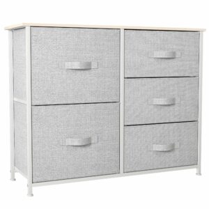 Sturdy fabric chest with wooden top and easy-access drawers for versatile home storage