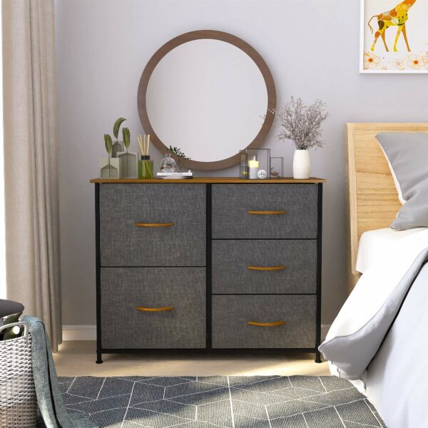 Fabric chest with 5 spacious drawers, steel frame, and wooden top – ideal for bedroom and living room storage