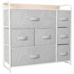 Fabric chest with 7 drawers, steel frame, and wooden top for easy, durable storage