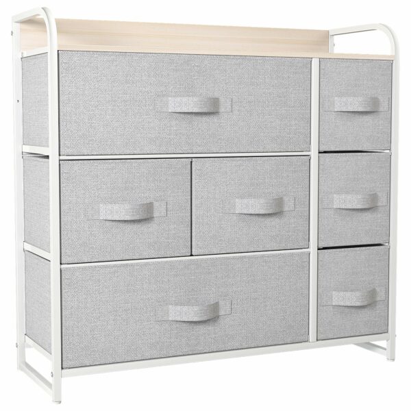Fabric chest with 7 drawers, steel frame, and wooden top for easy, durable storage