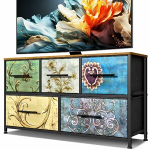 Chest of drawers with 5 fabric drawers and wheels for easy storage