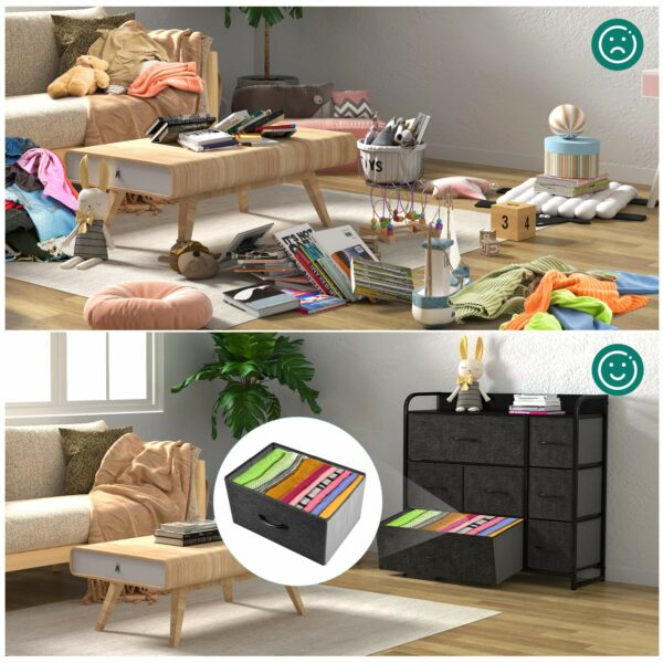 Fabric chest with 7 drawers, steel frame, and wooden top for stylish storage