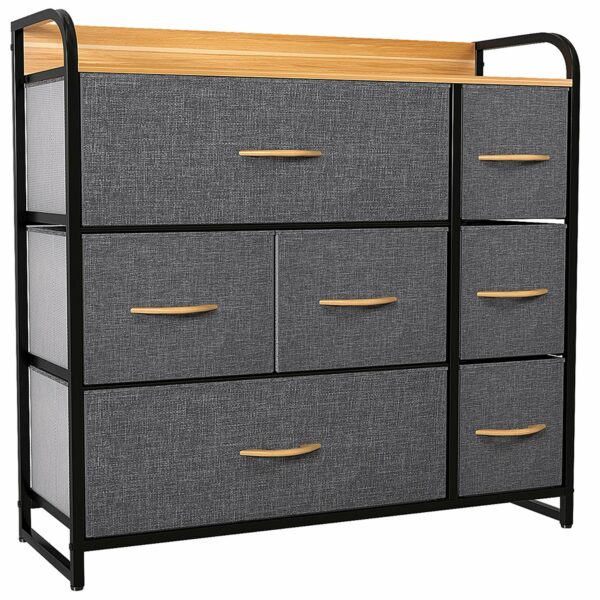 Fabric chest with 7 drawers, steel frame, and wooden top for easy storage