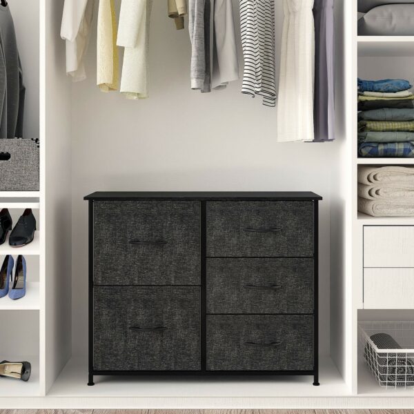 Fabric chest with wooden top and 5 drawers — sturdy storage for bedroom, closet, or living room
