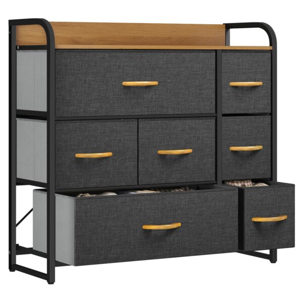 Fabric chest with 7 drawers, steel frame, and wooden top for easy storage