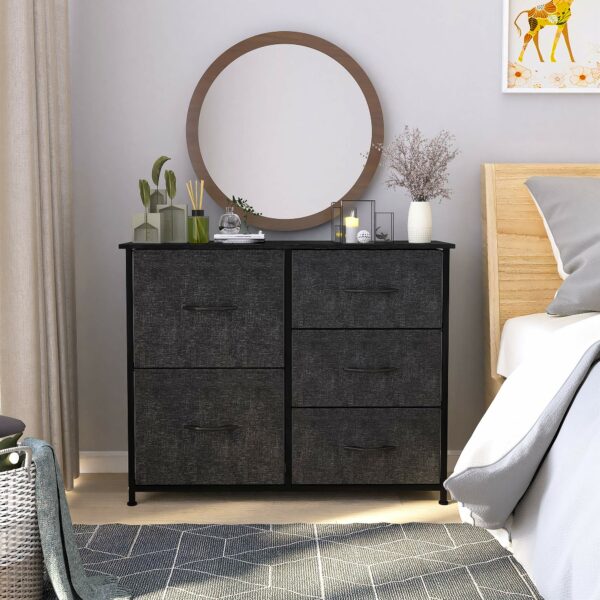 Fabric chest with wooden top and 5 drawers — sturdy storage for bedroom, closet, or living room