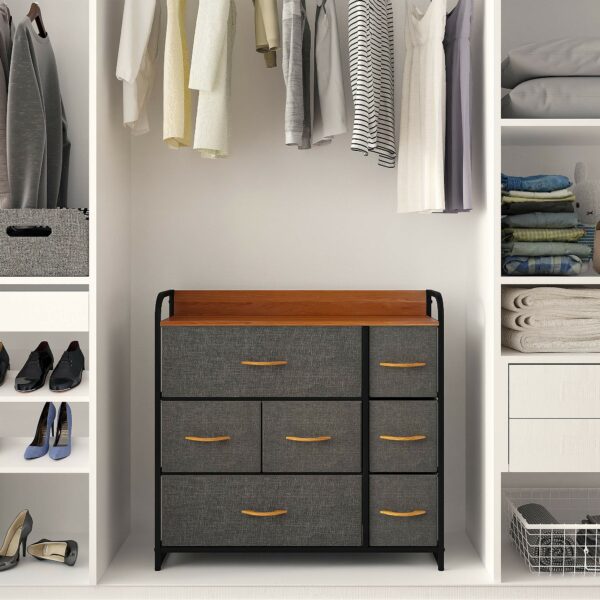 Fabric chest with 7 drawers, steel frame, and wooden top for easy storage