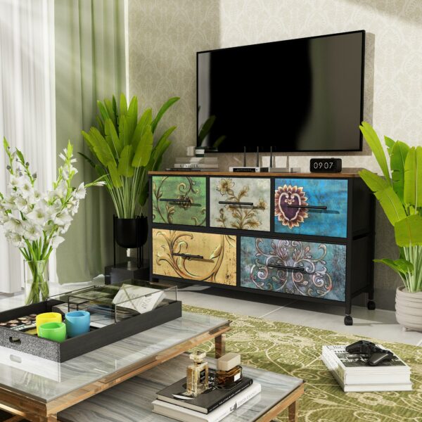 Chest of drawers with 5 fabric drawers and wheels for easy storage