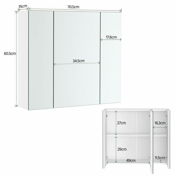 Bathroom Mirror Cabinet – Wall Mounted, 3 Doors, Adjustable Shelf, White
