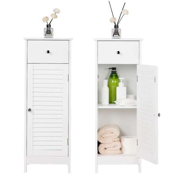 Slim white bathroom cabinet with drawer and 2 shelves
