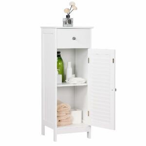 Slim white bathroom cabinet with drawer and 2 shelves