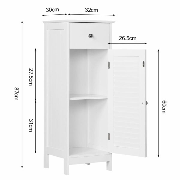Slim white bathroom cabinet with drawer and 2 shelves