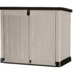Outdoor Garden Storage Shed, Beige with Brown Lid, Weather-Resistant, 5-Year Warranty
