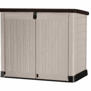 Outdoor Garden Storage Shed, Beige with Brown Lid, Weather-Resistant, 5-Year Warranty
