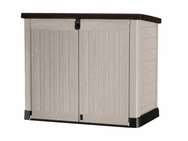 Outdoor Garden Storage Shed, Beige with Brown Lid, Weather-Resistant, 5-Year Warranty