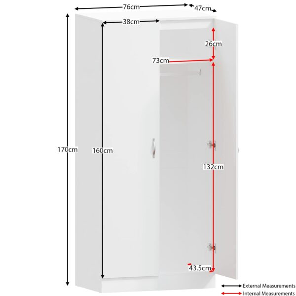 White 2 Door Wardrobe with Shelf & Hanging Rail