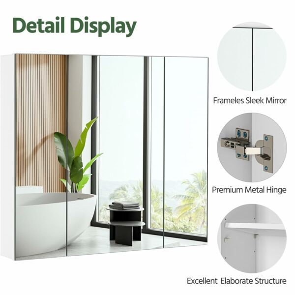 Bathroom Mirror Cabinet – Wall Mounted, 3 Doors, Adjustable Shelf, White