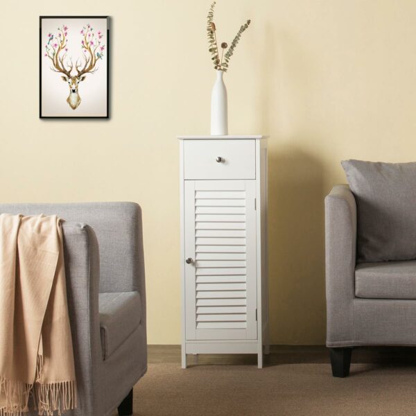 Slim white bathroom cabinet with drawer and 2 shelves