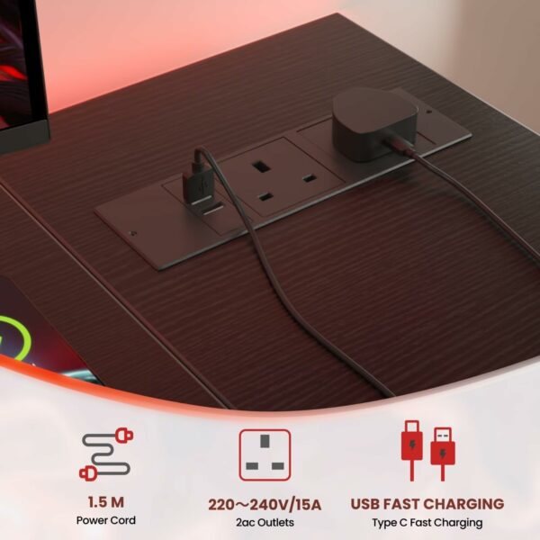 L Shaped Gaming Desk with Power Outlets 100x70cm Black