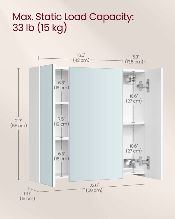 Bathroom Wall Cabinet with Mirror – 3 Door Storage Unit White