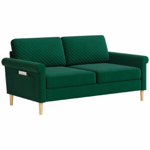 Velvet 2 Seater Sofa with Bilateral Pocket Storage Green