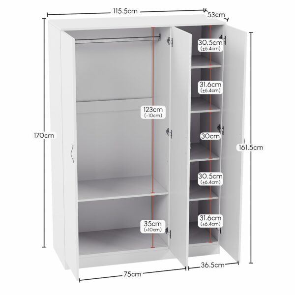 White Wardrobe with Three Doors, Shelf & Hanging Rail