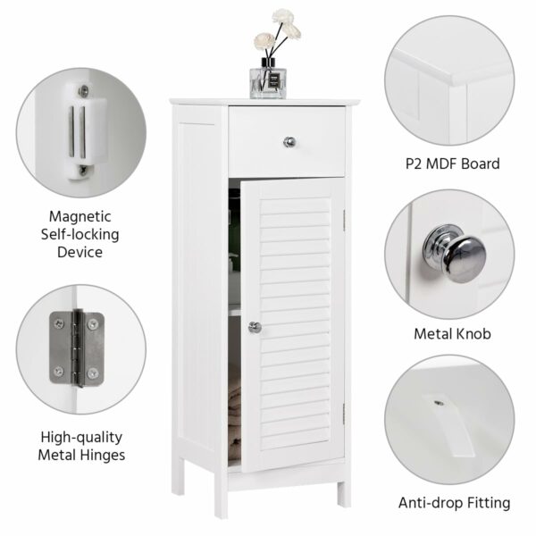 Slim white bathroom cabinet with drawer and 2 shelves