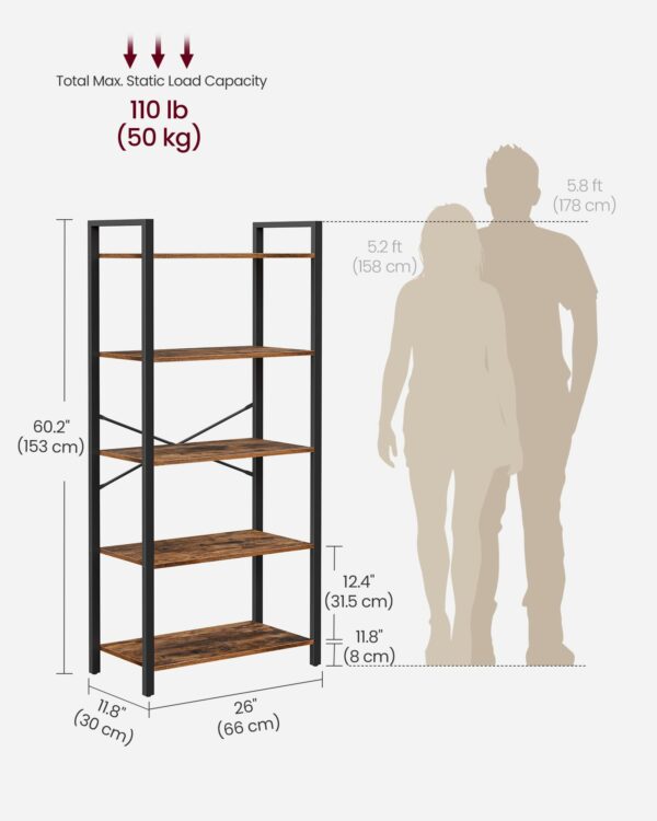 Industrial 5-Tier Bookshelf, Rustic Brown and Black