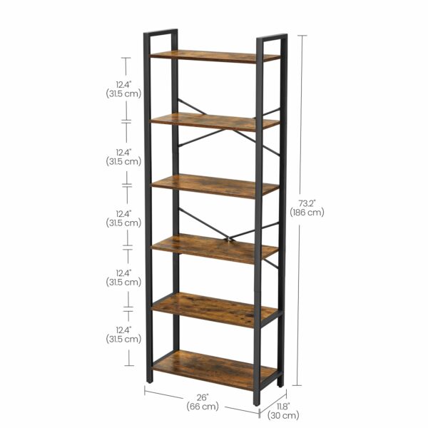 Industrial 6-Tier Bookshelf, Rustic Brown and Black