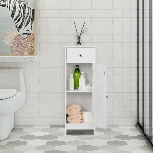 Slim white bathroom cabinet with drawer and 2 shelves
