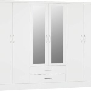 Wardrobe 6 Door 2 Drawer in White Gloss