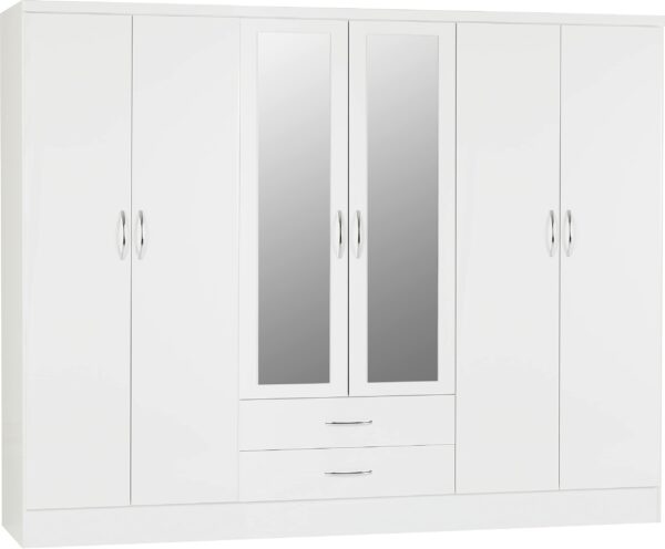 Wardrobe 6 Door 2 Drawer in White Gloss