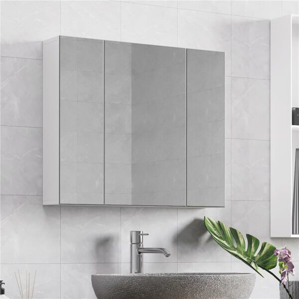 Bathroom Mirror Cabinet – Wall Mounted, 3 Doors, Adjustable Shelf, White