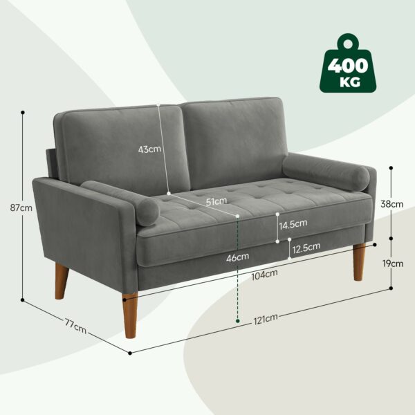 2 Seater Sofa Grey Comfy Sofa Couch with Spring Cushion Velvet Sofa with Wood Legs