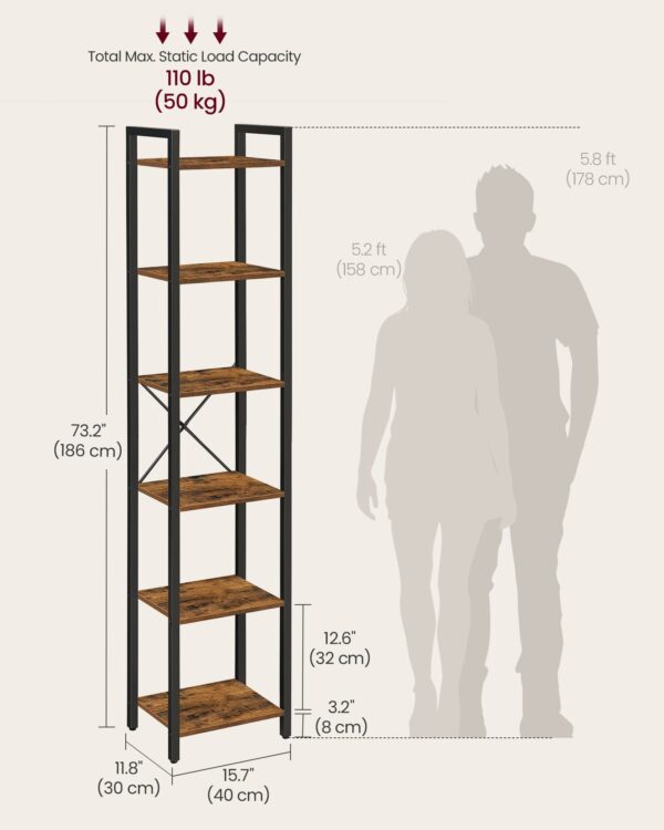 Industrial 6-Tier Bookshelf, Rustic Brown and Black