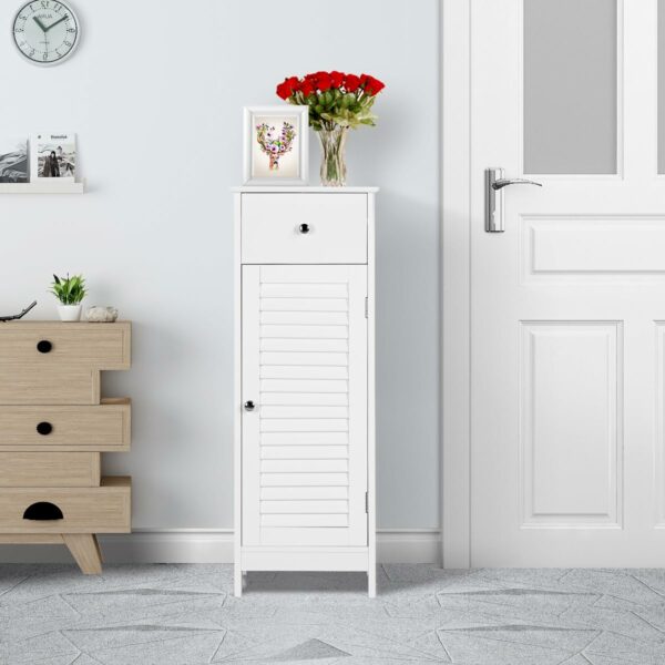 Slim white bathroom cabinet with drawer and 2 shelves