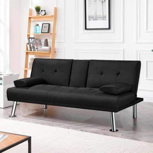 Sofa Bed Fabric Click Clack Sofa Bed with 2 Cup Holders Black