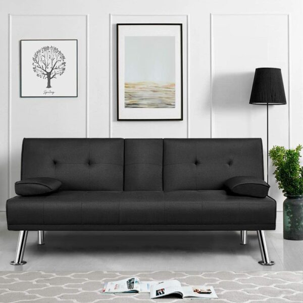 Sofa Bed Fabric Click Clack Sofa Bed with 2 Cup Holders Black