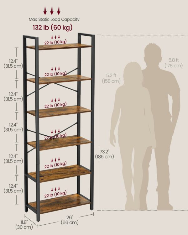 Industrial 6-Tier Bookshelf, Rustic Brown and Black