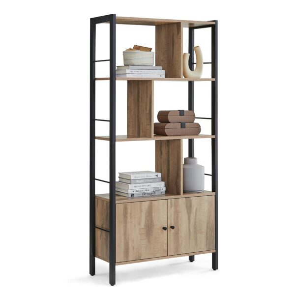 Industrial Toasted Oak and Black Bookshelf with Doors, 4 Shelves, Steel Frame