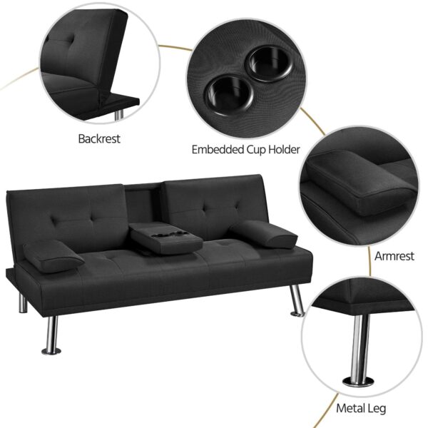 Sofa Bed Fabric Click Clack Sofa Bed with 2 Cup Holders Black
