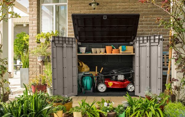 Outdoor Garden Storage Shed, Beige with Brown Lid, Weather-Resistant, 5-Year Warranty